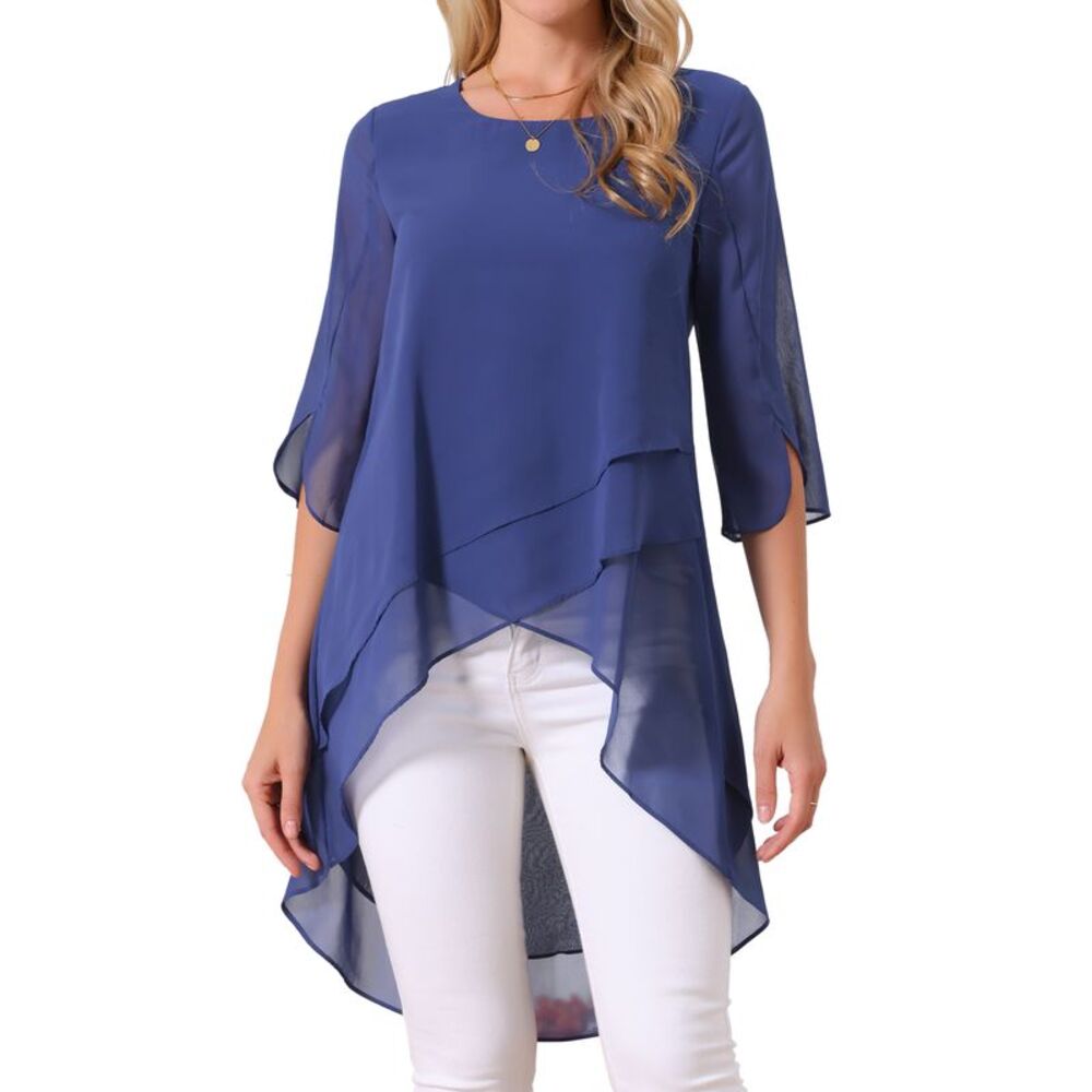 Scoop Neck Chiffon Asymmetrical Shirt 3/4 Sleeve Casual Tops Deep Blue